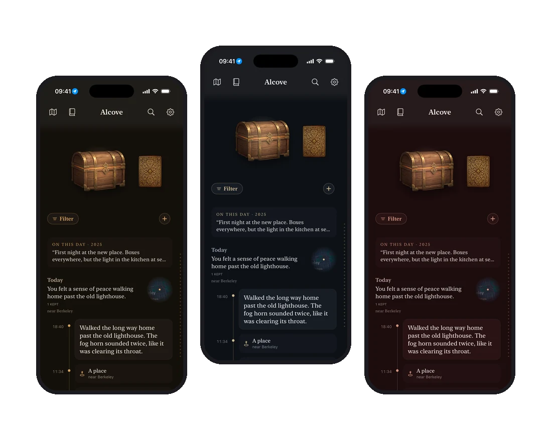 The Alcove home screen in three looks side by side