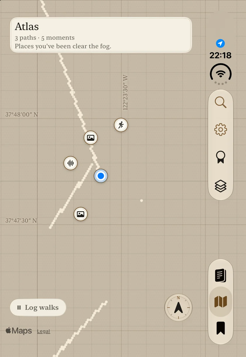 Alcove Atlas showing paths and saved moments on a personal map.