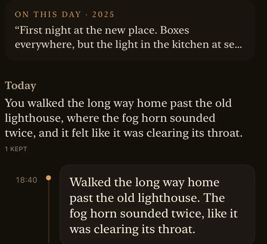 A day on the timeline: an anniversary card, the day's narration, and a kept entry